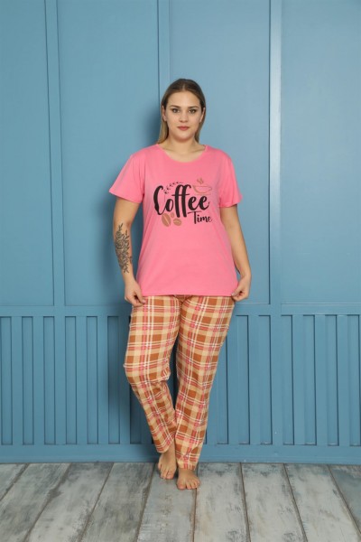 Moda Çizgi Kadın %100 Pamuk Kısa Kol Büyük Beden Pijama Takım 202156 - Thumbnail