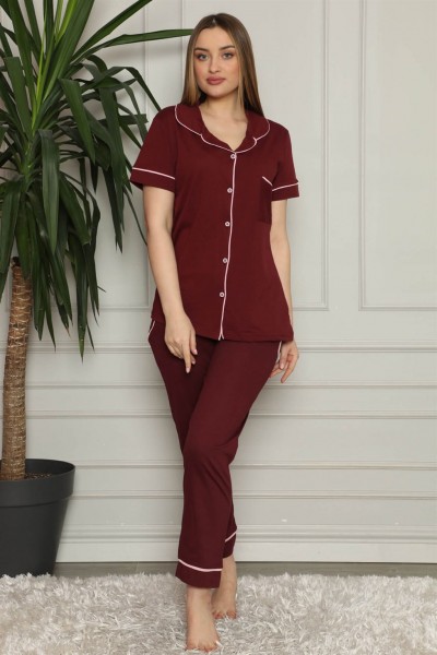 Moda Çizgi - Moda Çizgi Kadın %100 Pamuk Önden Düğmeli Kısa Kol Pijama Takım 2821