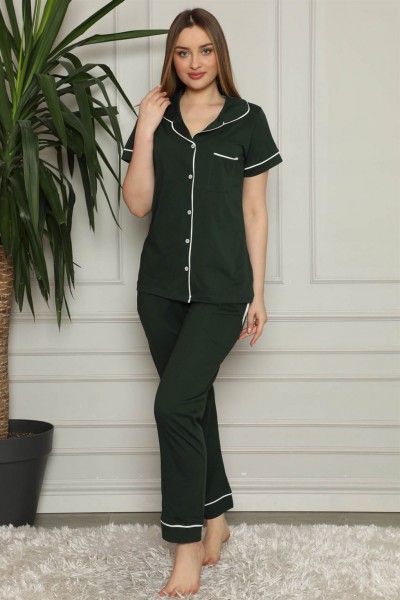 Moda Çizgi - Moda Çizgi Kadın %100 Pamuk Önden Düğmeli Kısa Kol Pijama Takım 2823