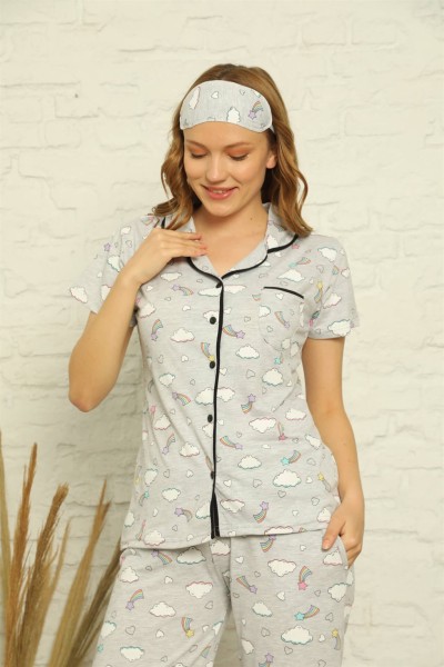 Moda Çizgi - Moda Çizgi Kadın %100 Pamuk Önden Düğmeli Kısa Kol Pijama Takım 2841