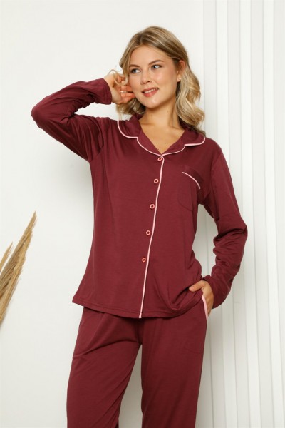 Moda Çizgi Kadın %100 Pamuk Önden Düğmeli Uzun Kol Pijama Takım 2840 - Thumbnail