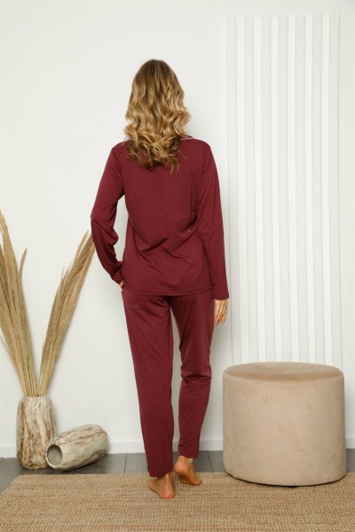 Moda Çizgi Kadın %100 Pamuk Önden Düğmeli Uzun Kol Pijama Takım 2840 - Thumbnail