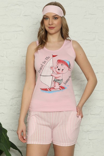 Moda Çizgi - Moda Çizgi Kadın %100 Pamuk Penye Kalın Askılı Şortlu Pijama Takım 4328