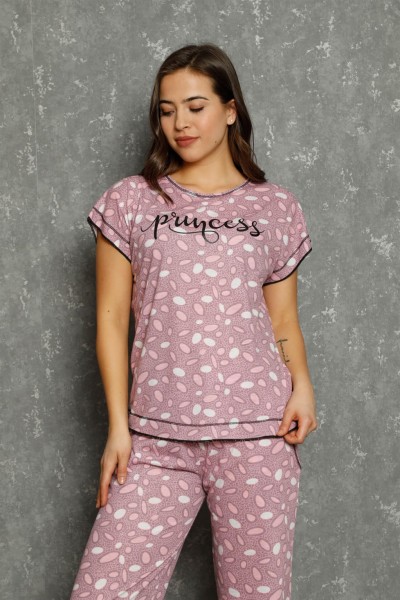 Moda Çizgi Kadın %100 Pamuk Penye Kısa Kol Kapri Pijama Takım 20558 - Thumbnail