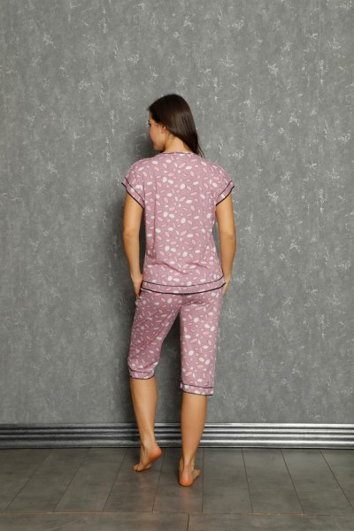 Moda Çizgi Kadın %100 Pamuk Penye Kısa Kol Kapri Pijama Takım 20558 - Thumbnail