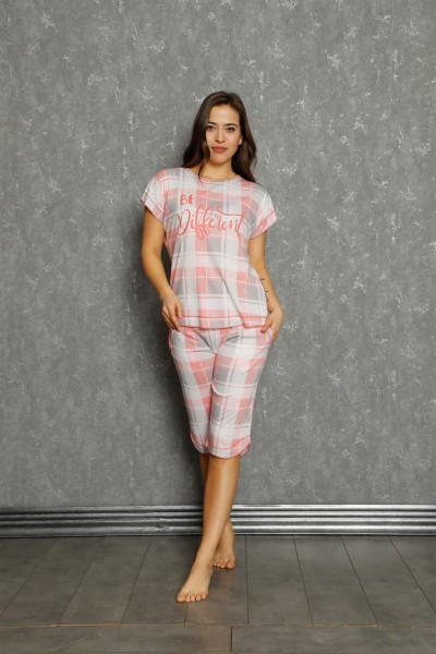 Moda Çizgi Kadın %100 Pamuk Penye Kısa Kol Kapri Pijama Takım 20563 - Thumbnail