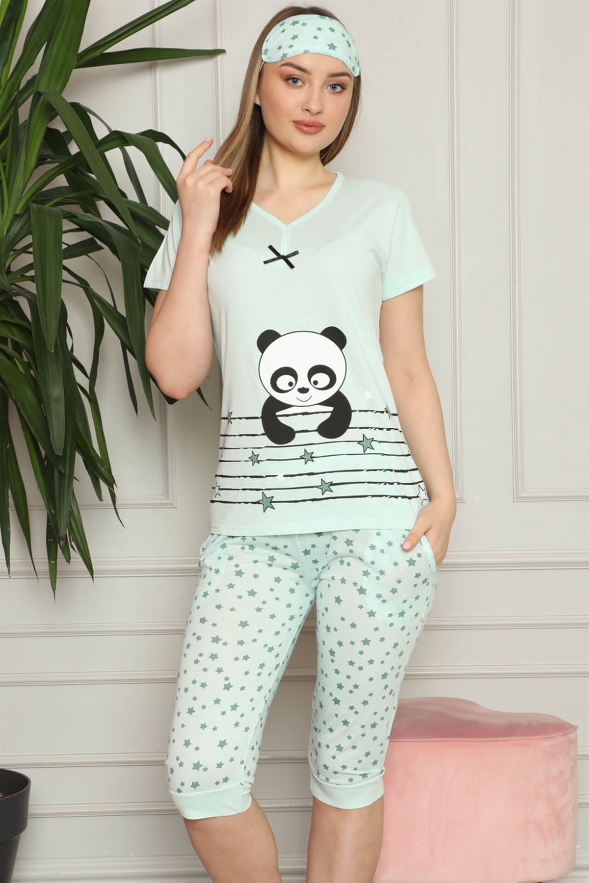 Moda Çizgi Şortlu Pijama Takım - L | Su Yeşili