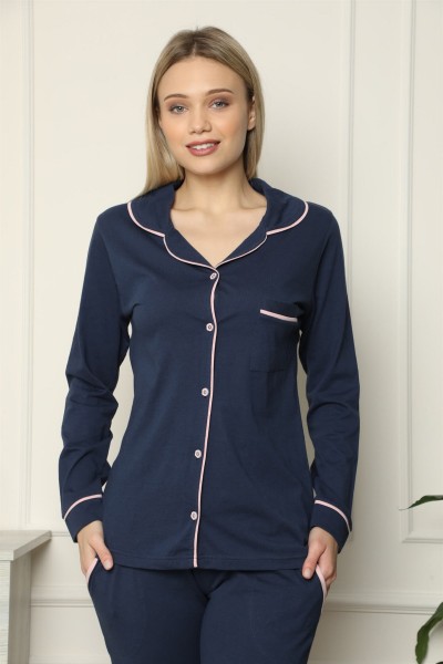 Moda Çizgi Kadın %100 Pamuk Penye Önden Düğmeli Uzun Kol Pijama Takım 2713 - Thumbnail