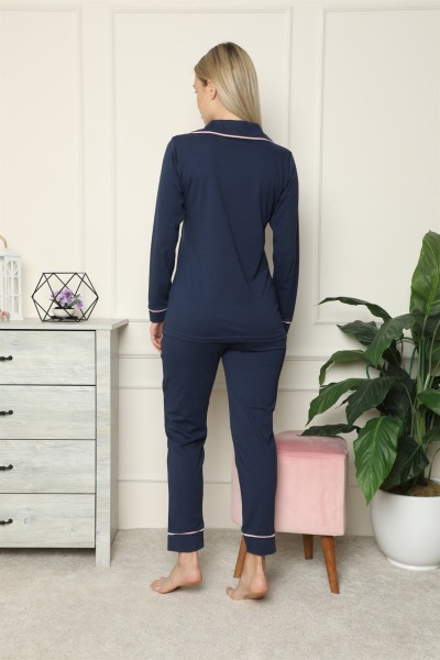 Moda Çizgi Kadın %100 Pamuk Penye Önden Düğmeli Uzun Kol Pijama Takım 2713 - Thumbnail