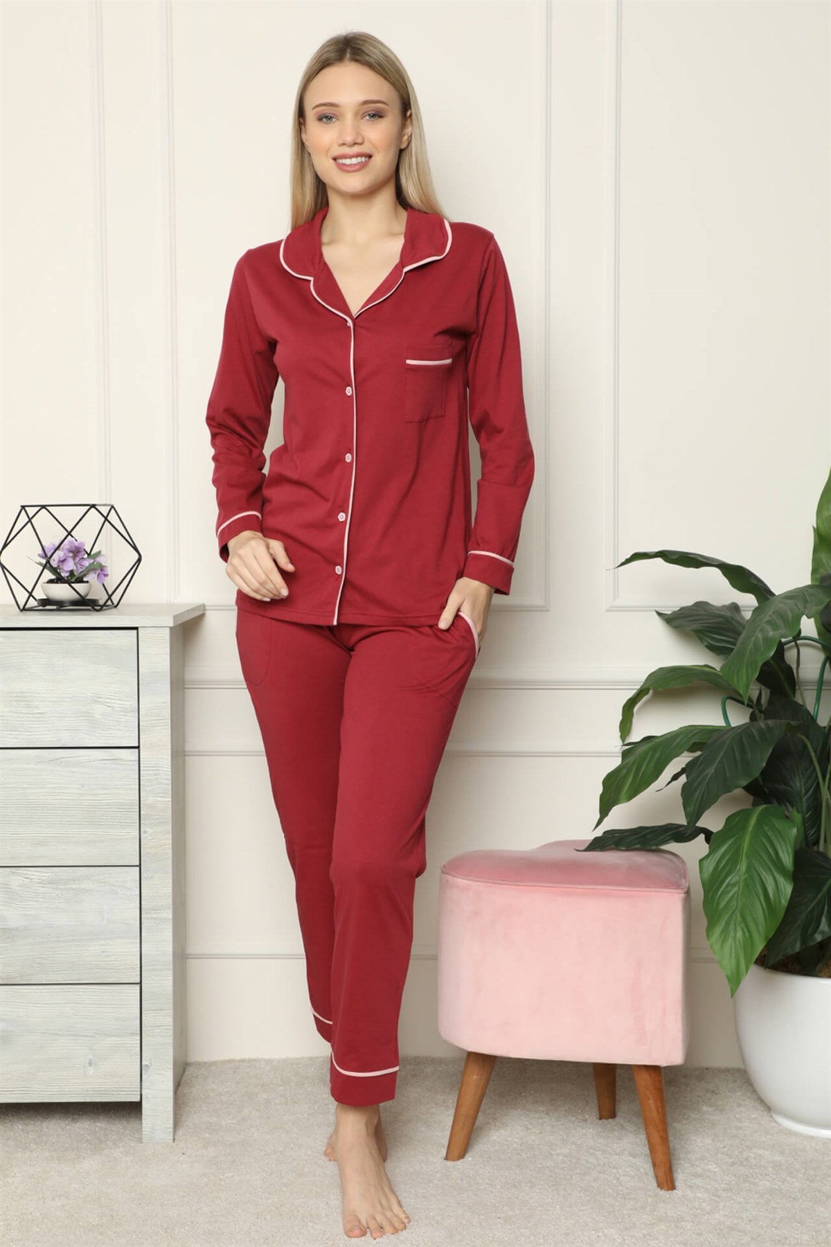 Moda Çizgi Kadın Penye Pijama - XL | Bordo