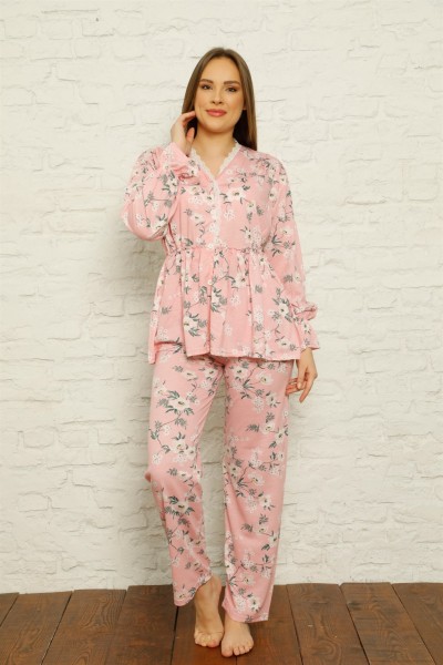 Moda Çizgi - Moda Çizgi Kadın %100 Pamuk Penye Pileli Pijama Takım 17101