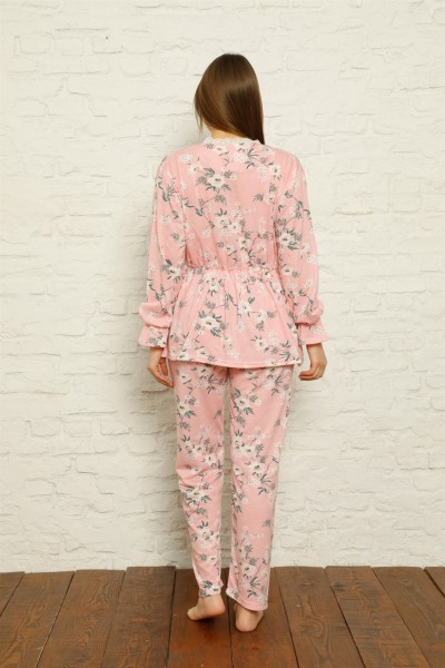 Moda Çizgi Kadın %100 Pamuk Penye Pileli Pijama Takım 17101 - Thumbnail