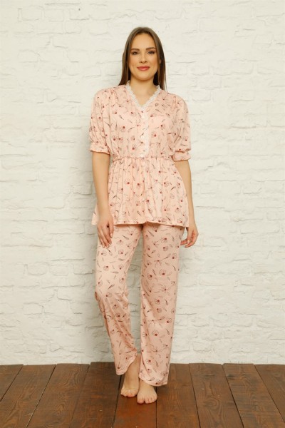 Moda Çizgi - Moda Çizgi Kadın %100 Pamuk Penye Pileli Pijama Takım 17103