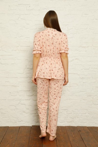 Moda Çizgi Kadın %100 Pamuk Penye Pileli Pijama Takım 17103 - Thumbnail