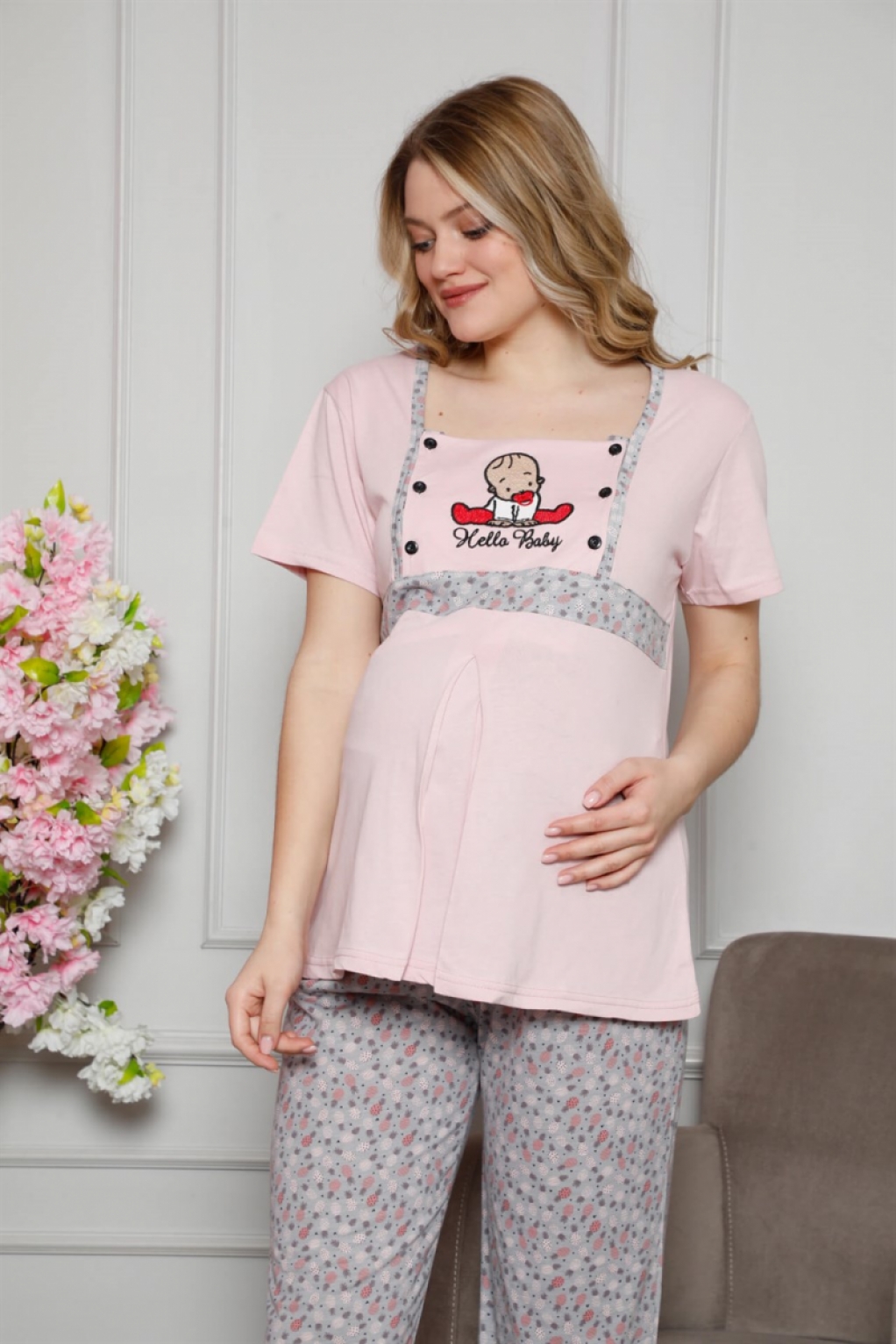 Moda Çizgi Kadın %100 Pamuklu Hamile Pijama Takımı 4505 - S | Pembe - Gri