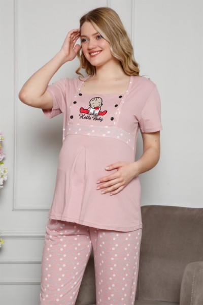 Moda Çizgi Kadın %100 Pamuklu Hamile Pijama Takımı 4508 - Thumbnail