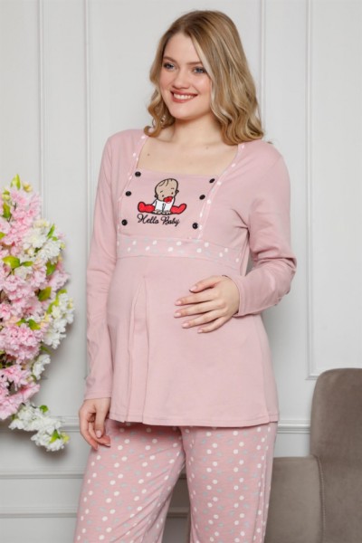 Moda Çizgi Kadın %100 Pamuklu Hamile Pijama Takımı 4515 - Thumbnail