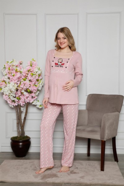 Moda Çizgi Kadın %100 Pamuklu Hamile Pijama Takımı 4515 - Thumbnail