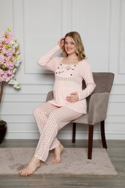 Moda Çizgi Kadın %100 Pamuklu Hamile Pijama Takımı 4517 - Thumbnail