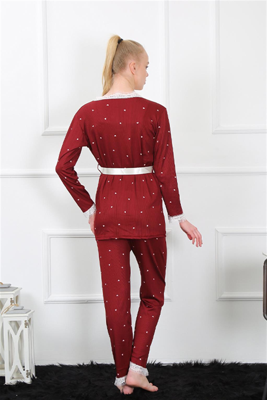 Moda Çizgi Kadın 3'lü Bordo Sabahlık Pijama Takım 16103 - S | Bordo