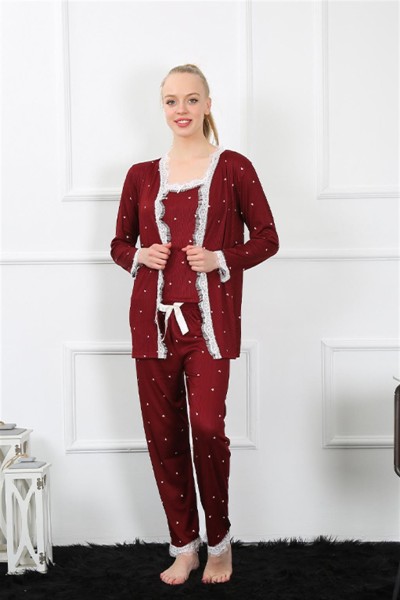 Moda Çizgi Kadın 3'lü Bordo Sabahlık Pijama Takım 16103 - Thumbnail