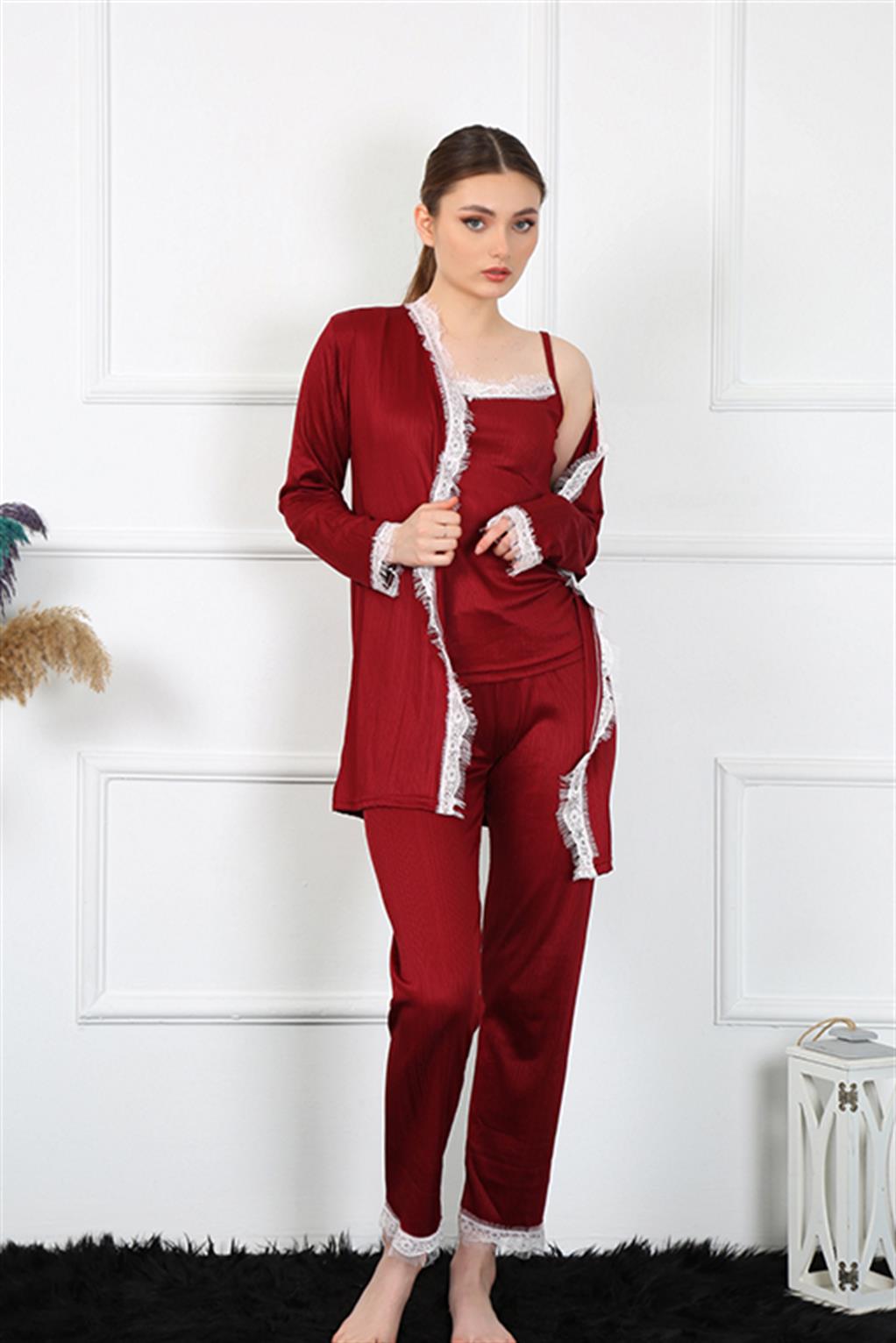 Moda Çizgi Kadın 3'lü Bordo Sabahlık Takım 16108 - XL | Bordo