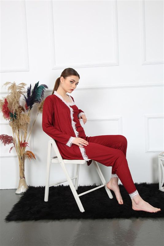 Moda Çizgi Kadın 3'lü Bordo Sabahlık Takım 16108 - 2