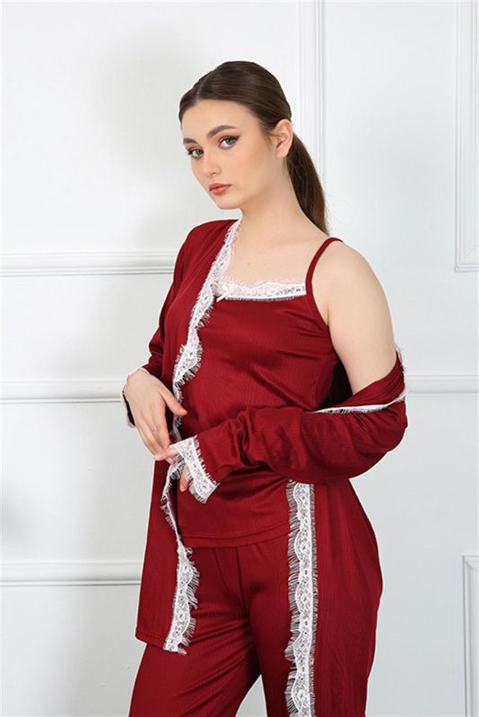 Moda Çizgi Kadın 3'lü Bordo Sabahlık Takım 16108 - 3