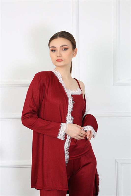 Moda Çizgi Kadın 3'lü Bordo Sabahlık Takım 16108 - 4