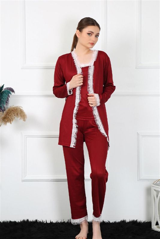 Moda Çizgi Kadın 3'lü Bordo Sabahlık Takım 16108 - 5