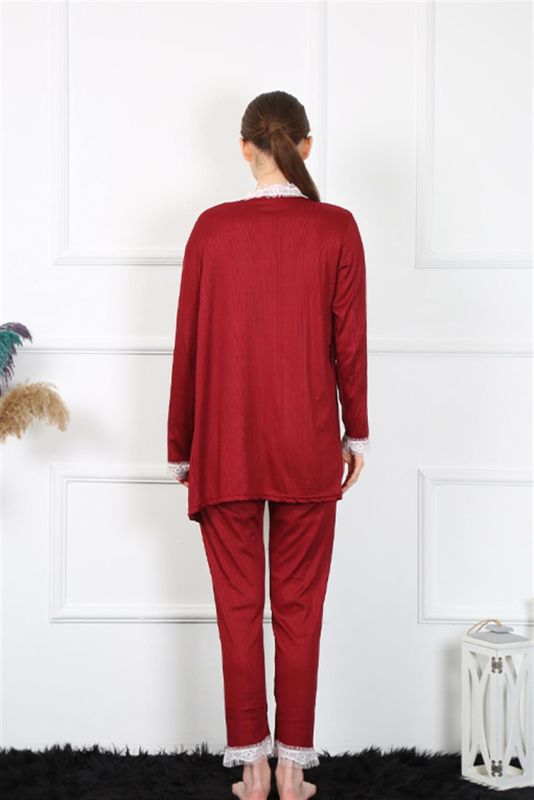 Moda Çizgi Kadın 3'lü Bordo Sabahlık Takım 16108 - 6