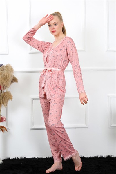 Moda Çizgi - Moda Çizgi Kadın 3'lü Gül Kurusu Sabahlık Pijama Takım 16103