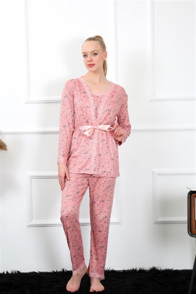 Moda Çizgi Kadın 3'lü Gül Kurusu Sabahlık Pijama Takım 16103 - Thumbnail