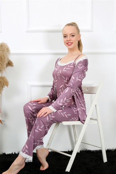 Moda Çizgi Kadın 3'lü Lila Sabahlık Pijama Takım 16103 - Thumbnail