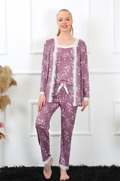 Moda Çizgi Kadın 3'lü Lila Sabahlık Pijama Takım 16103 - Thumbnail