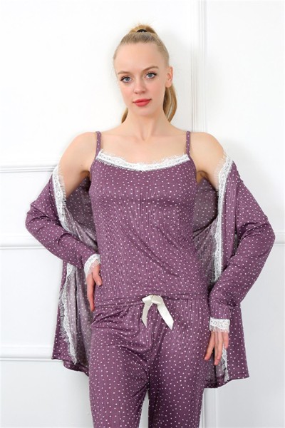Moda Çizgi - Moda Çizgi Kadın 3'lü Mürdüm Sabahlık Pijama Takım 16103