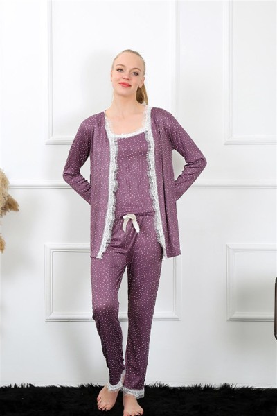 Moda Çizgi Kadın 3'lü Mürdüm Sabahlık Pijama Takım 16103 - Thumbnail