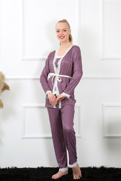 Moda Çizgi Kadın 3'lü Mürdüm Sabahlık Pijama Takım 16103 - Thumbnail