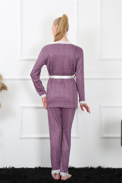 Moda Çizgi Women's 3-Piece Plum Dressing Gown Pajama Set 16103 - Thumbnail