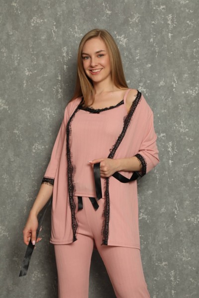 Moda Çizgi Kadın 3'lü Sabahlık Pijama Takım 20598 - Thumbnail