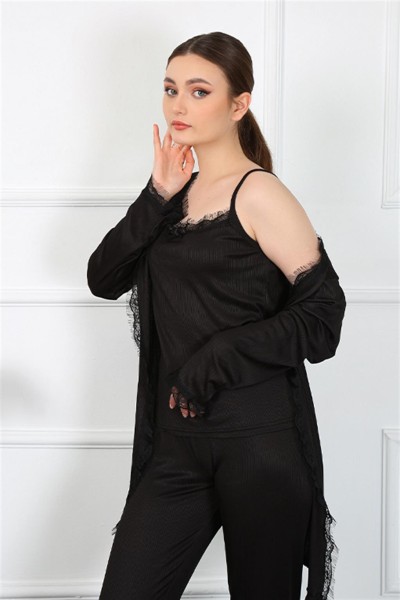 Moda Çizgi Kadın 3'lü Siyah Sabahlık Takım 16108 - Thumbnail