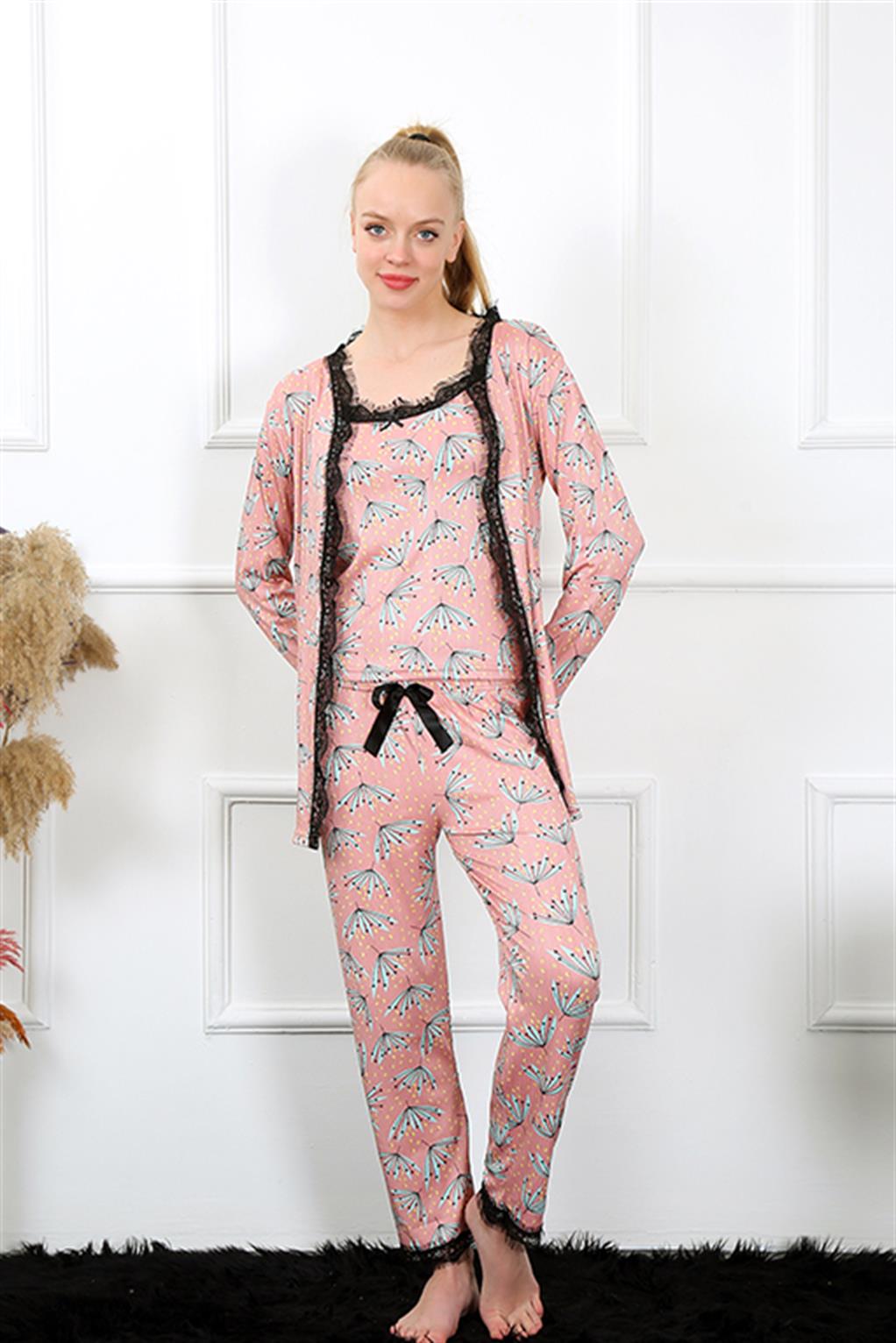 Moda Çizgi Kadın 3'lü Somon Sabahlık Pijama Takım 16103 - M | Somon