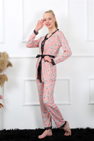 Moda Çizgi Kadın 3'lü Somon Sabahlık Pijama Takım 16103 - Thumbnail