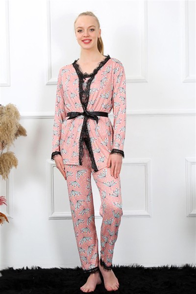 Moda Çizgi Kadın 3'lü Somon Sabahlık Pijama Takım 16103 - Thumbnail
