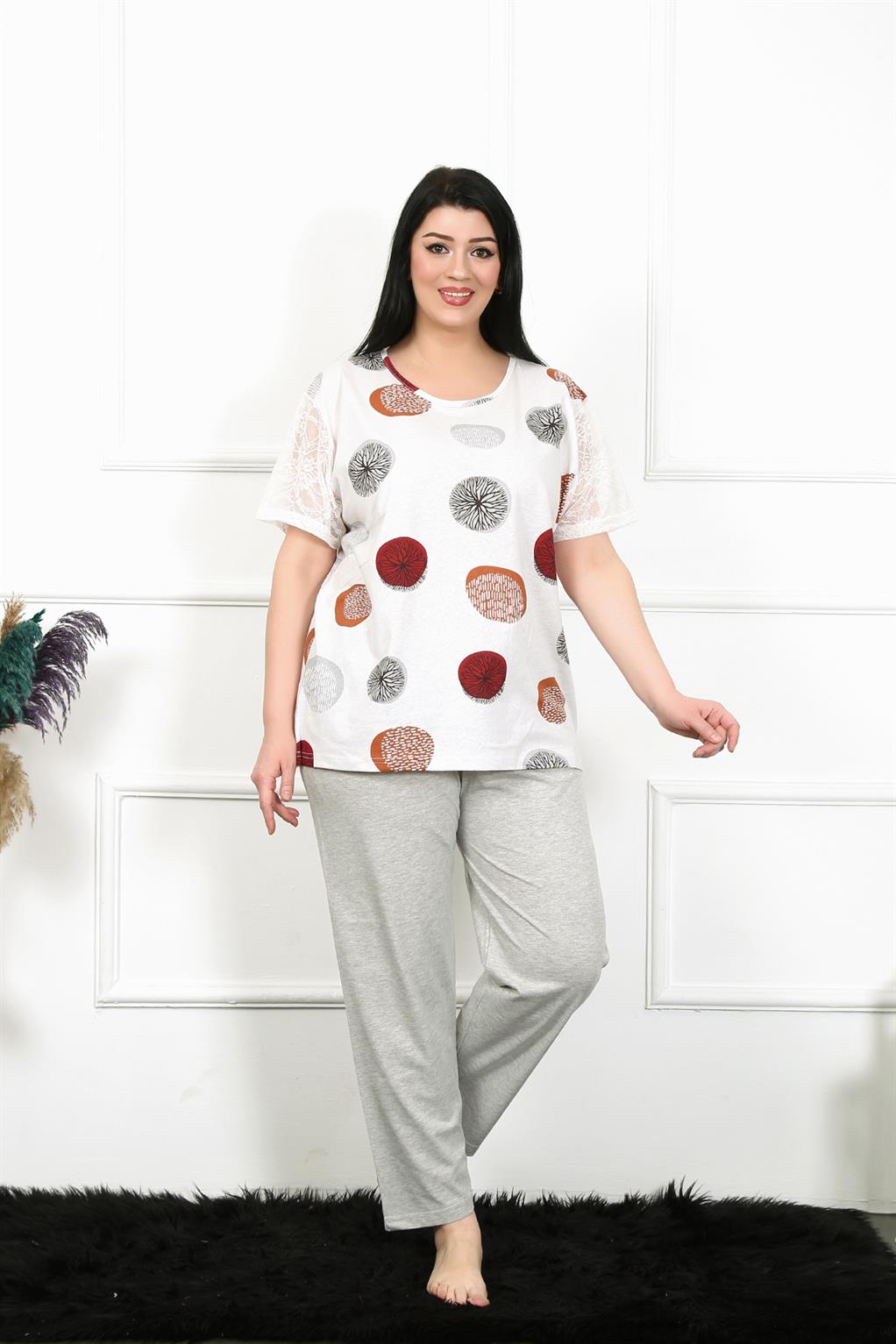 Moda Çizgi Kadın 5XL-6XL-7XL-8XL Büyük Beden Kısa Kol Pijama Takım 75002 - 8XL | Ekru