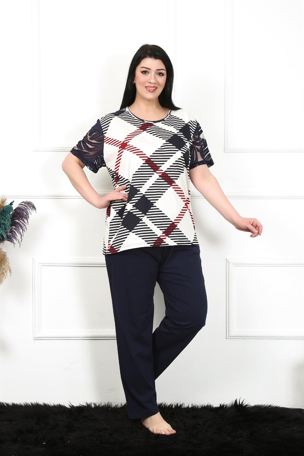 Moda Çizgi Kadın 5XL-6XL-7XL-8XL Büyük Beden Kısa Kol Pijama Takım 75003 - 8XL | Lacivert