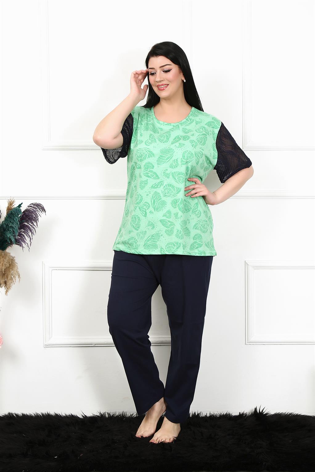 Moda Çizgi Kadın 5XL-6XL-7XL-8XL Büyük Beden Kısa Kol Pijama Takım 75004 - 7XL | Yeşil