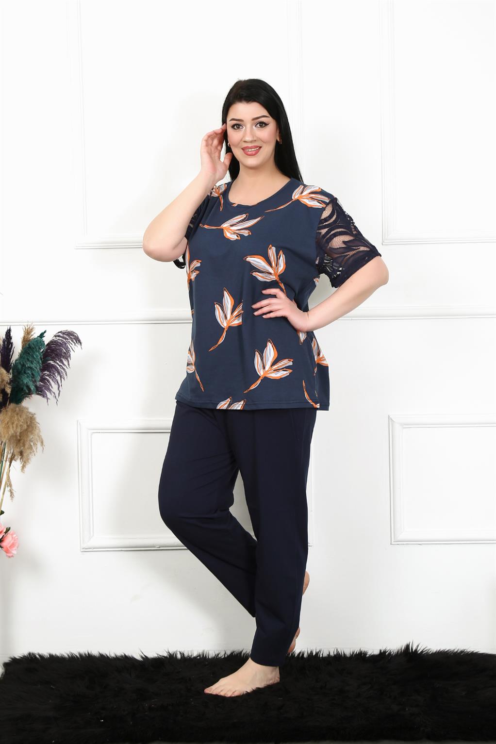 Moda Çizgi Kadın 5XL-6XL-7XL-8XL Büyük Beden Kısa Kol Pijama Takım 75005 - 8XL | Lacivert