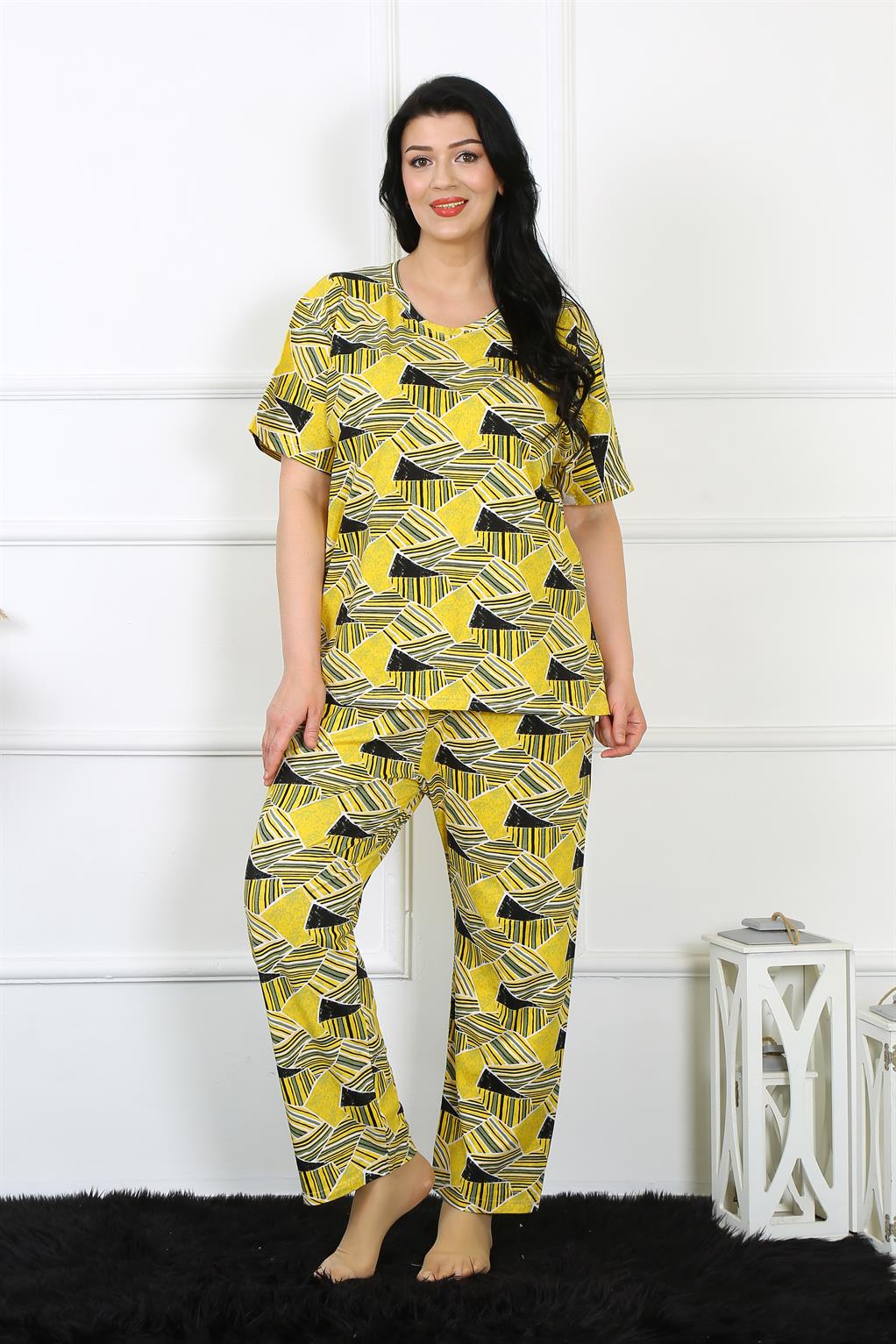 Moda Çizgi Kadın 5XL-6XL-7XL-8XL Büyük Beden Kısa Kol Pijama Takım 75007 - 8XL | Sarı
