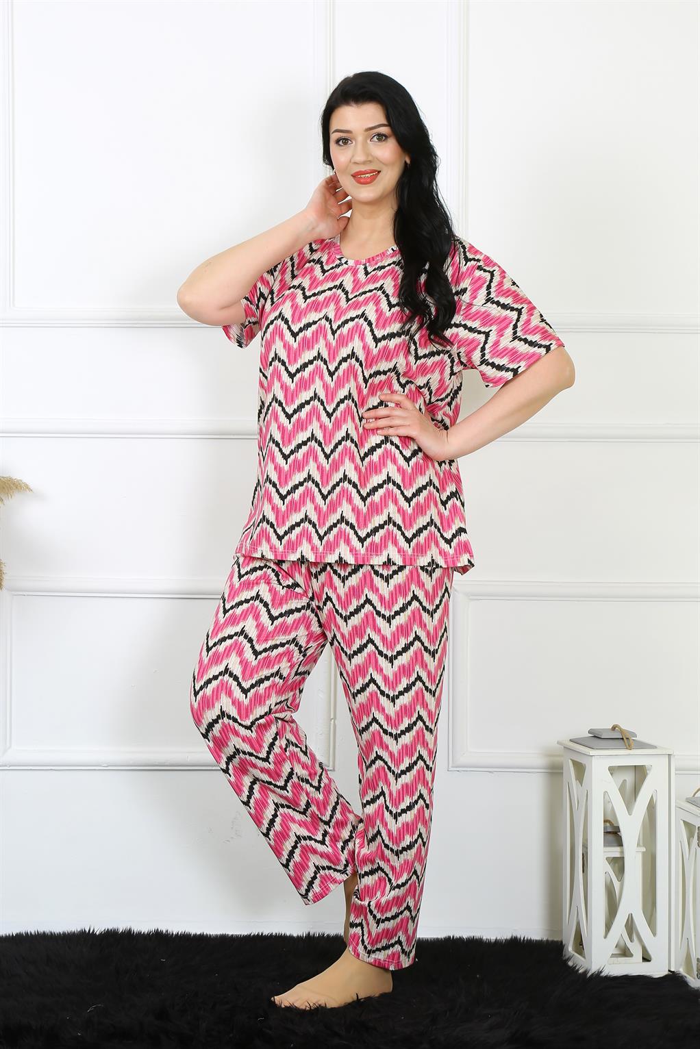 Moda Çizgi Kadın 5XL-6XL-7XL-8XL Büyük Beden Kısa Kol Pijama Takım 75009 - 8XL | Fuşya